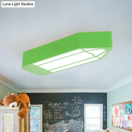 Kids Style Led Flush Mount Ceiling Light For Nursery School - Red/Blue/Green Pencil Design