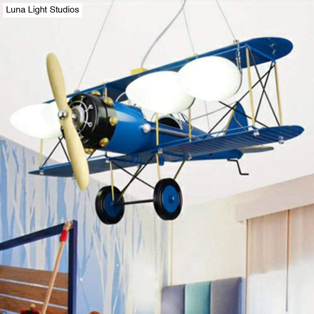 Kids Style Metallic Plane Chandelier: Nursery Led Hanging Light With Opal Glass Shade