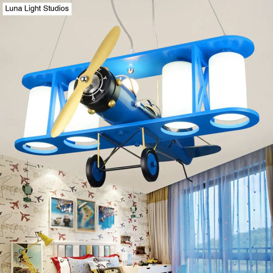 Kids Style Metallic Plane Chandelier: Nursery Led Hanging Light With Opal Glass Shade