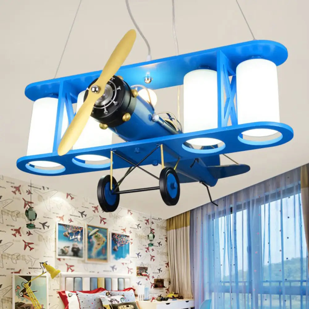 Kids Style Metallic Plane Chandelier: Nursery Led Hanging Light With Opal Glass Shade Blue