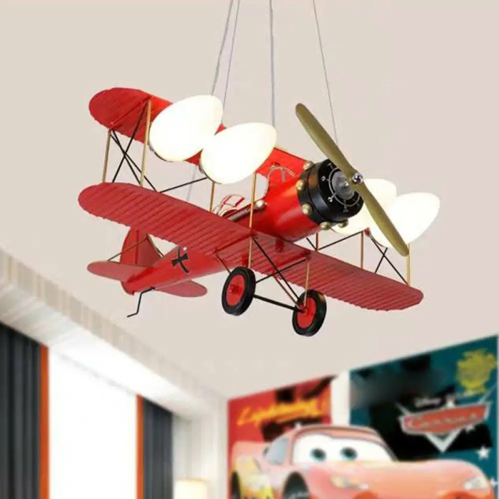 Kids Style Metallic Plane Chandelier: Nursery Led Hanging Light With Opal Glass Shade Red