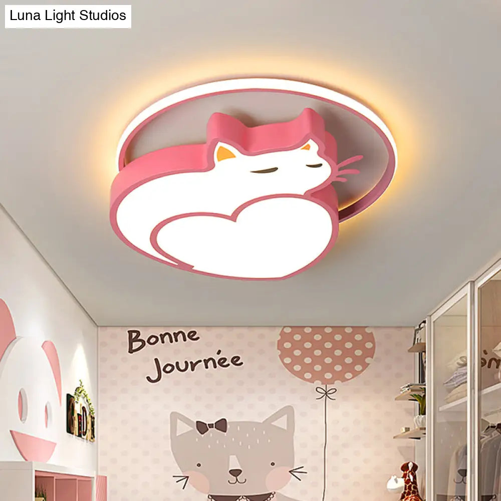 Kids Style Pink Cat-Shaped Ceiling Flushmount Light With Acrylic Led Bedroom Lighting In Warm/White