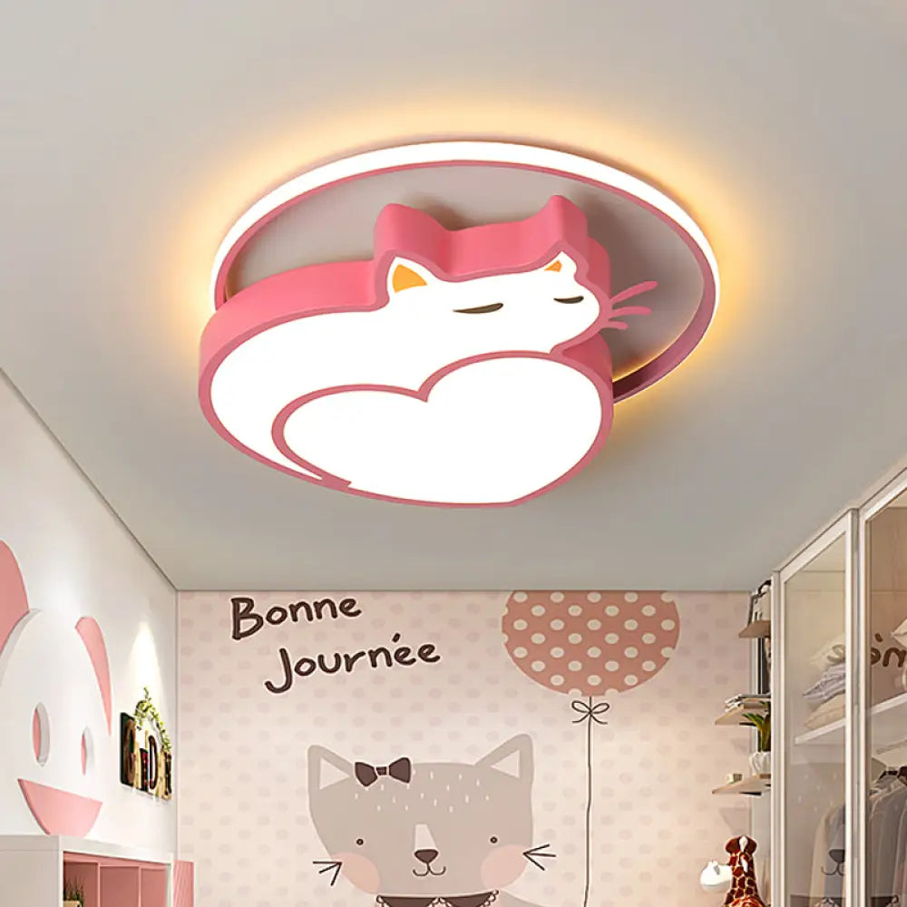 Kids Style Pink Cat - Shaped Ceiling Flushmount Light With Acrylic Led Bedroom Lighting In