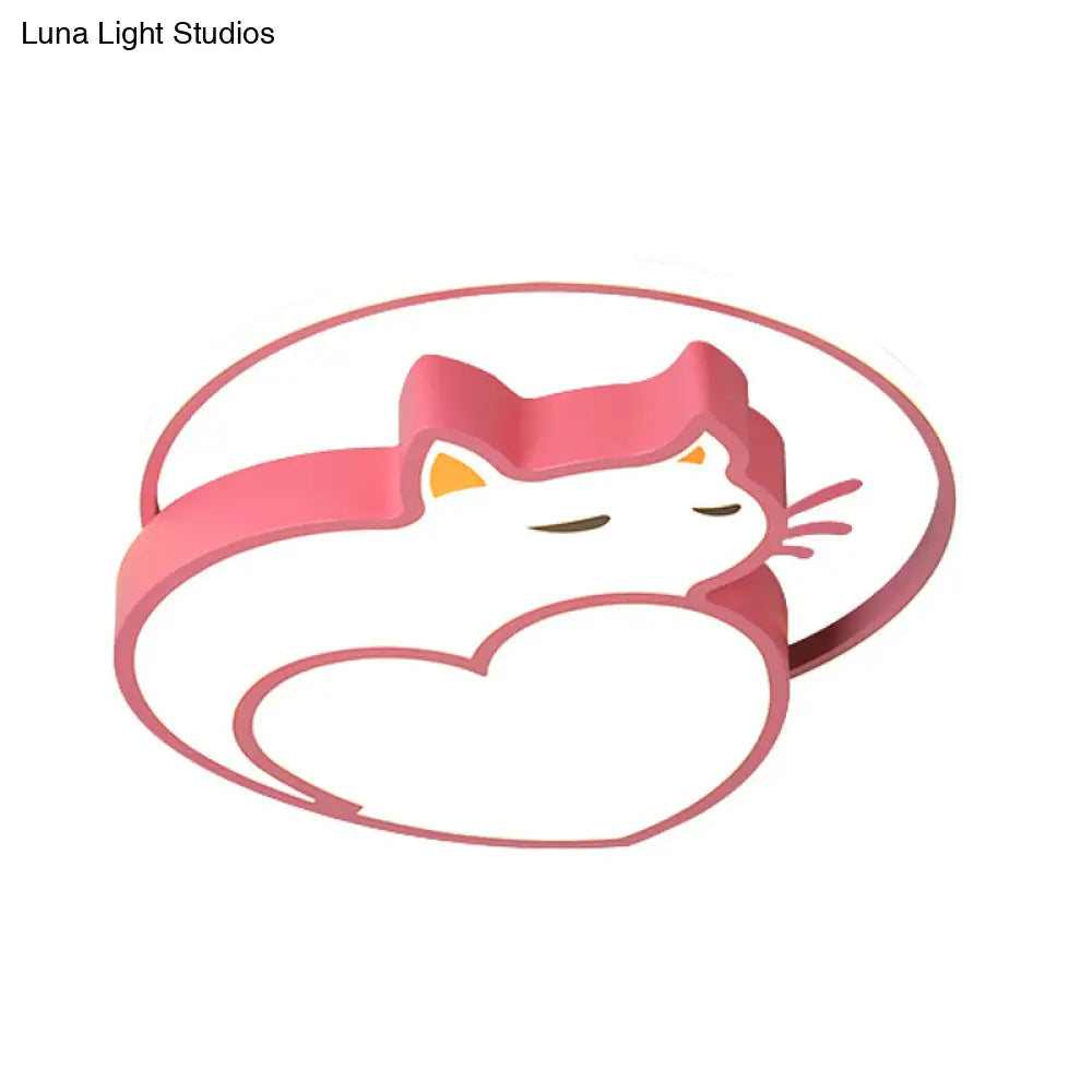 Kids Style Pink Cat-Shaped Ceiling Flushmount Light With Acrylic Led Bedroom Lighting In Warm/White