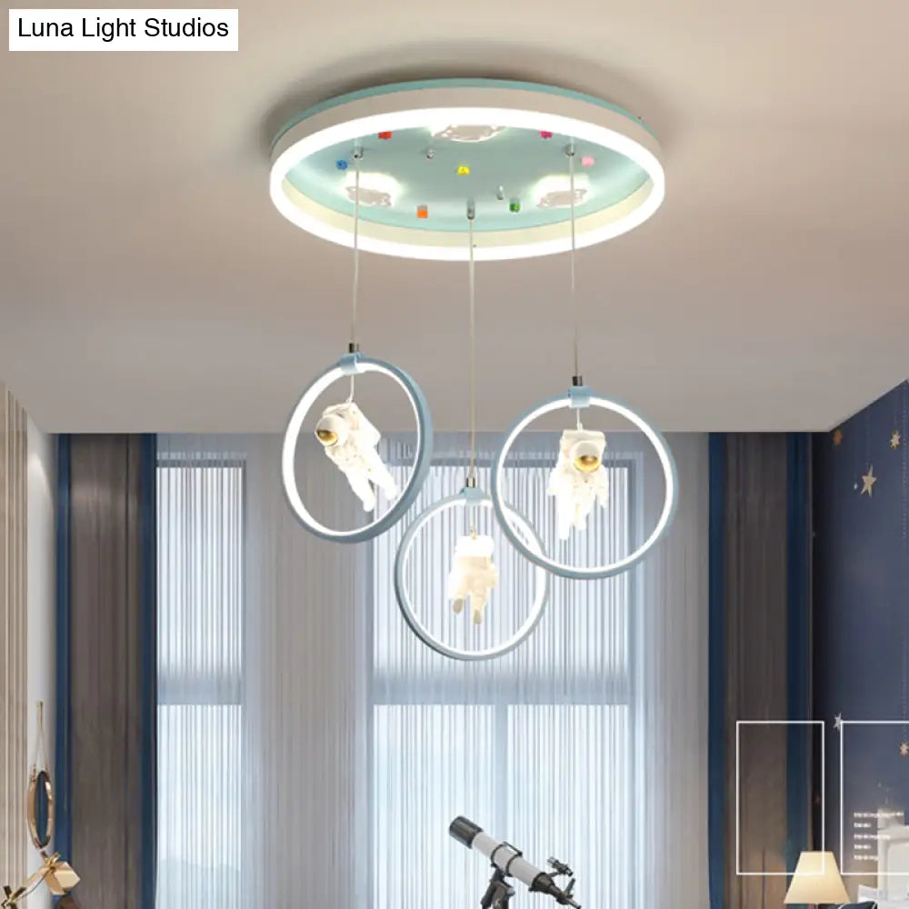 Kids Style Ring Shaped Metallic Ceiling Light - Green Led Suspension Lighting With Astronaut Decor