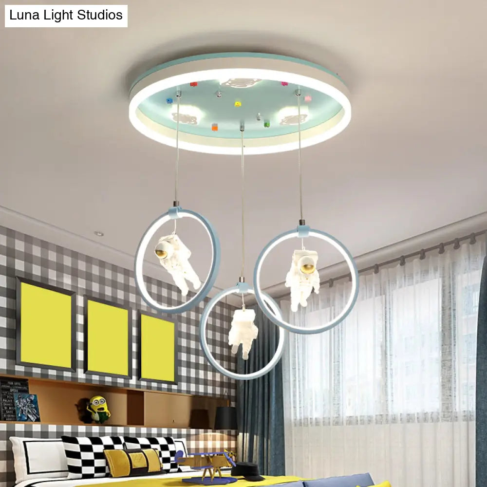 Kids Style Ring Shaped Metallic Ceiling Light - Green Led Suspension Lighting With Astronaut Decor