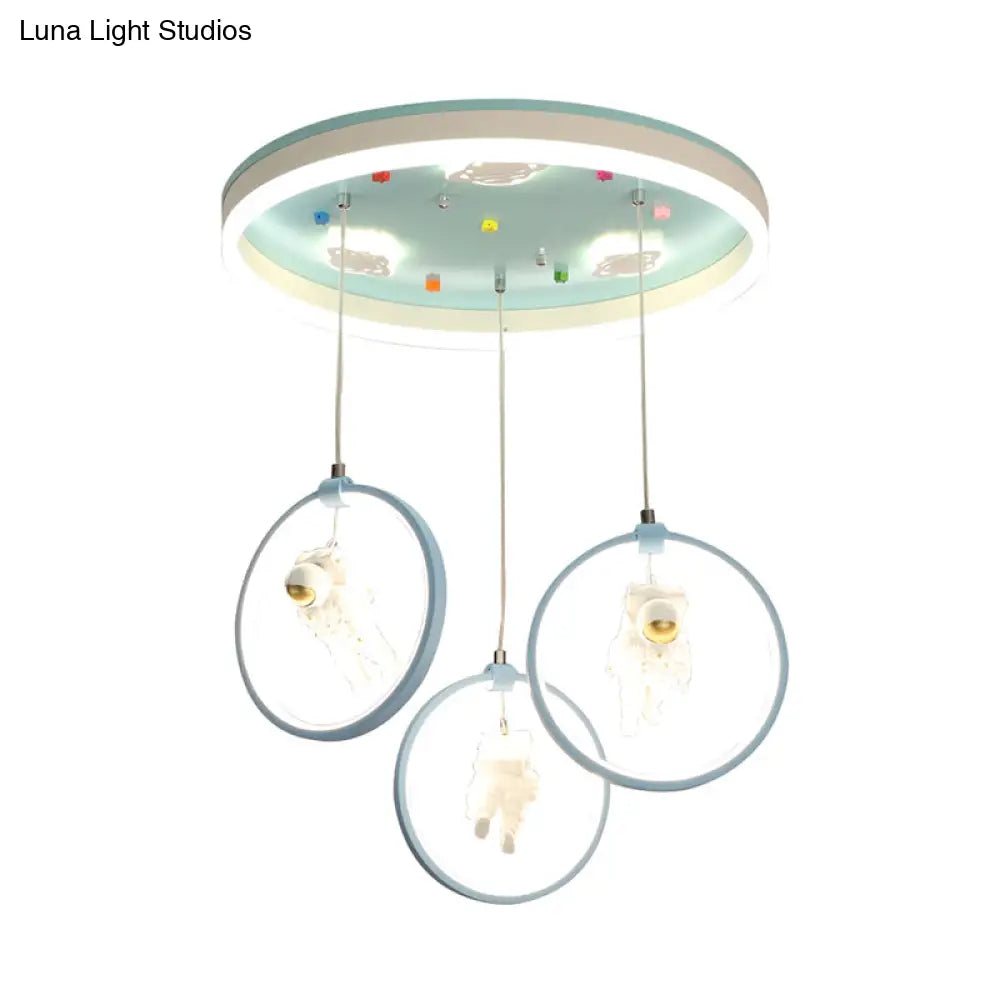 Kids Style Ring Shaped Metallic Ceiling Light - Green Led Suspension Lighting With Astronaut Decor