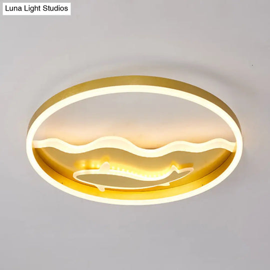 Kids Style Super Thin Led Flush - Mount Ceiling Light With Fish/Apple Pattern In Gold - Acrylic