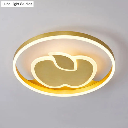 Kids Style Super Thin Led Flush - Mount Ceiling Light With Fish/Apple Pattern In Gold - Acrylic