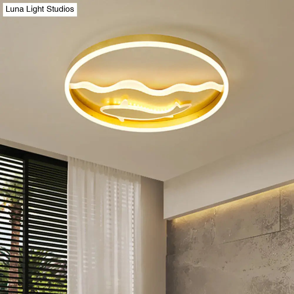Kids Style Super Thin Led Flush-Mount Ceiling Light With Fish/Apple Pattern In Gold - Acrylic