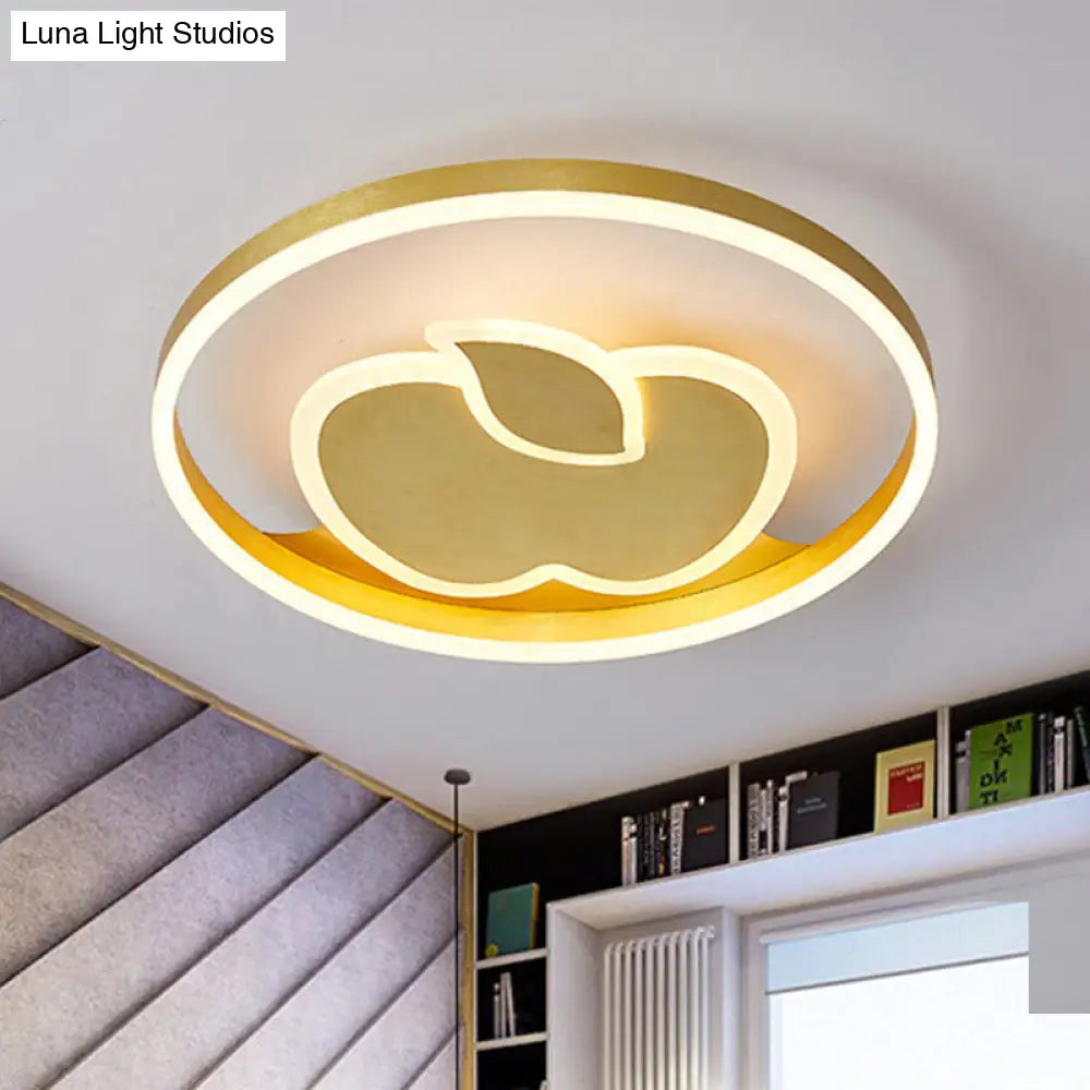 Kids Style Super Thin Led Flush-Mount Ceiling Light With Fish/Apple Pattern In Gold - Acrylic