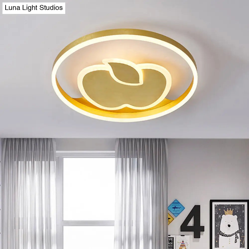 Kids Style Super Thin Led Flush-Mount Ceiling Light With Fish/Apple Pattern In Gold - Acrylic