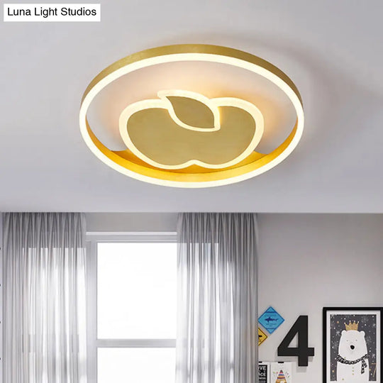 Kids Style Super Thin Led Flush-Mount Ceiling Light With Fish/Apple Pattern In Gold - Acrylic