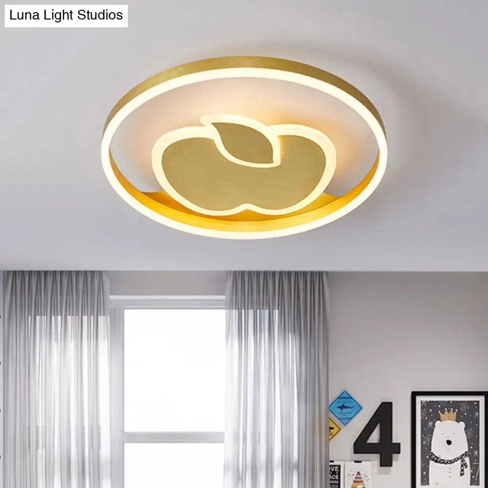 Kids Style Super Thin Led Flush - Mount Ceiling Light With Fish/Apple Pattern In Gold - Acrylic