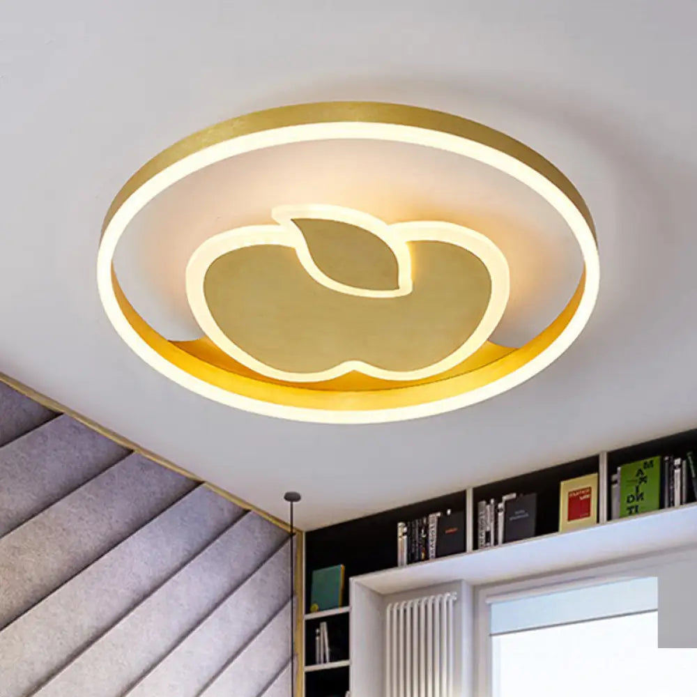 Kids Style Super Thin Led Flush - Mount Ceiling Light With Fish/Apple Pattern In Gold - Acrylic