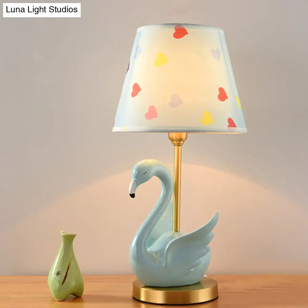 Kids Style Swan Pattern Fabric Nightstand Lamp - Quirky Single Table Lighting With Decorative Bucket