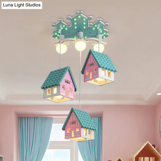 Kids Style Wooden House Shaped Pendant Light With 6 Heads Perfect For Child Room