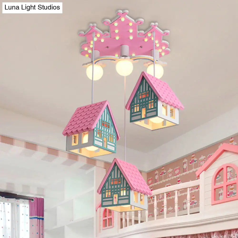 Kids Style Wooden House Shaped Pendant Light With 6 Heads Perfect For Child Room