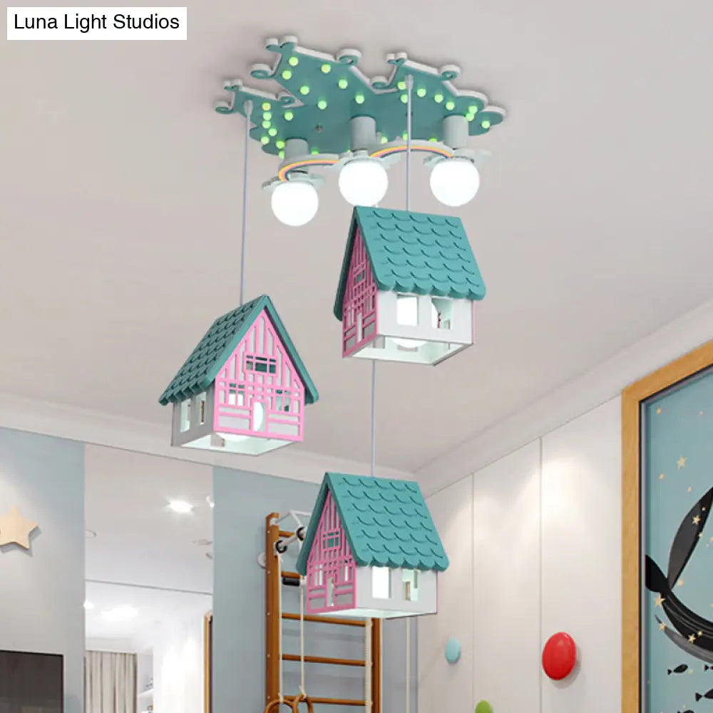 Kids Style Wooden House Shaped Pendant Light With 6 Heads Perfect For Child Room