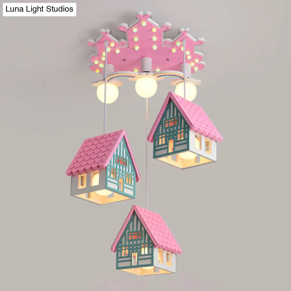 Kids Style Wooden House Shaped Pendant Light With 6 Heads Perfect For Child Room