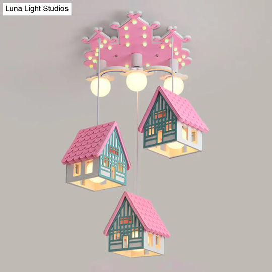 Kids Style Wooden House Shaped Pendant Light With 6 Heads Perfect For Child Room