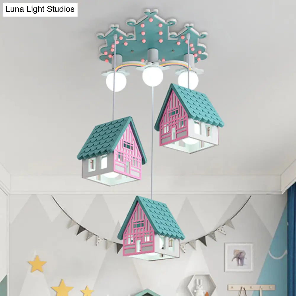 Kids Style Wooden House Shaped Pendant Light With 6 Heads Perfect For Child Room