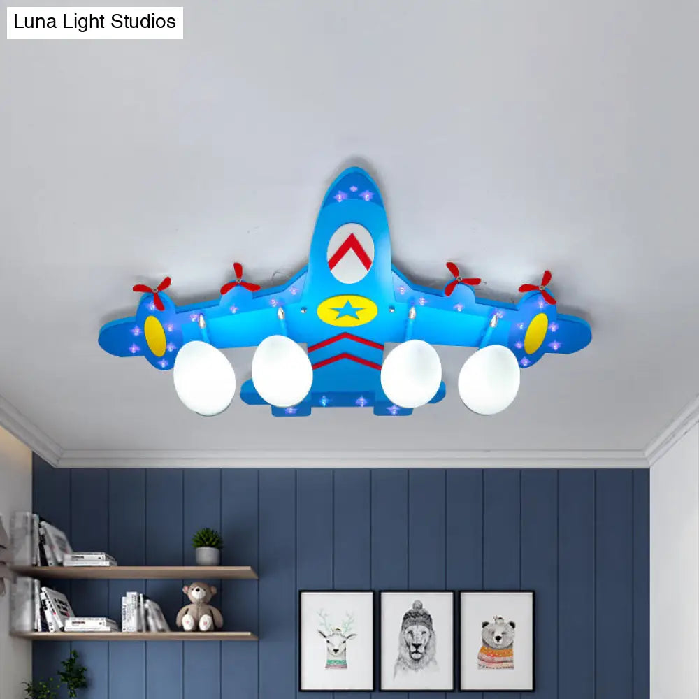 Kids Style Wooden Plane Ceiling Lamp - Flush Mount 4-Light Fixture For Boys Bedroom Warm/White Light