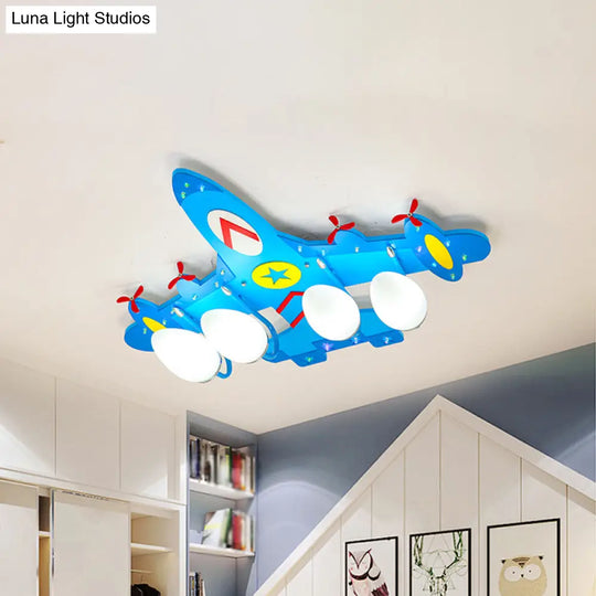Kids Style Wooden Plane Ceiling Lamp - Flush Mount 4-Light Fixture For Boys Bedroom Warm/White Light