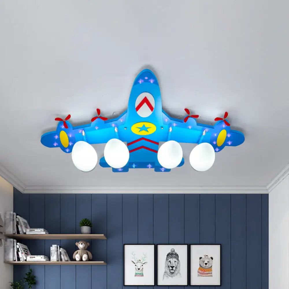 Kids Style Wooden Plane Ceiling Lamp - Flush Mount 4-Light Fixture For Boys Bedroom Warm/White