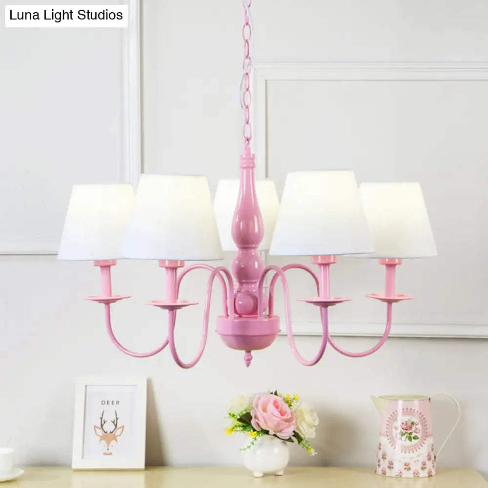 Kids Tapered Shade Chandelier - 5-Head Metal Light In Pink & White For Kindergarten