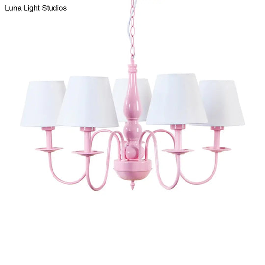 Kids Tapered Shade Chandelier - 5-Head Metal Light In Pink & White For Kindergarten