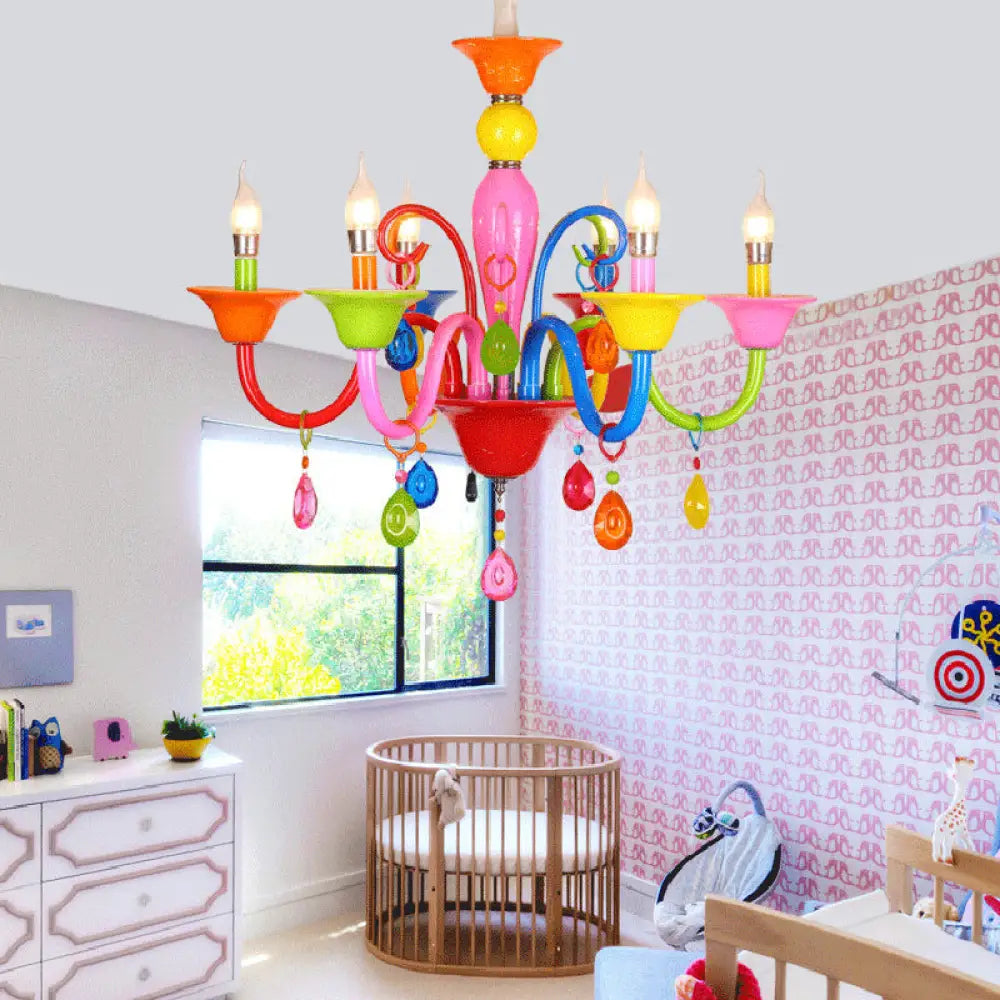 Kids Teardrop Crystal Chandelier - Fun & Colorful Candle Suspension Light For Game Room 6 /