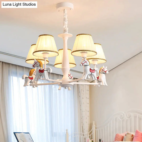 Kids White Horse Chandelier Lamp - Resin Ceiling Pendant Light With Fabric Shade