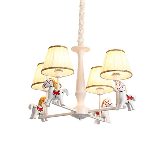 Kids White Horse Chandelier Lamp - Resin Ceiling Pendant Light With Fabric Shade 4 /