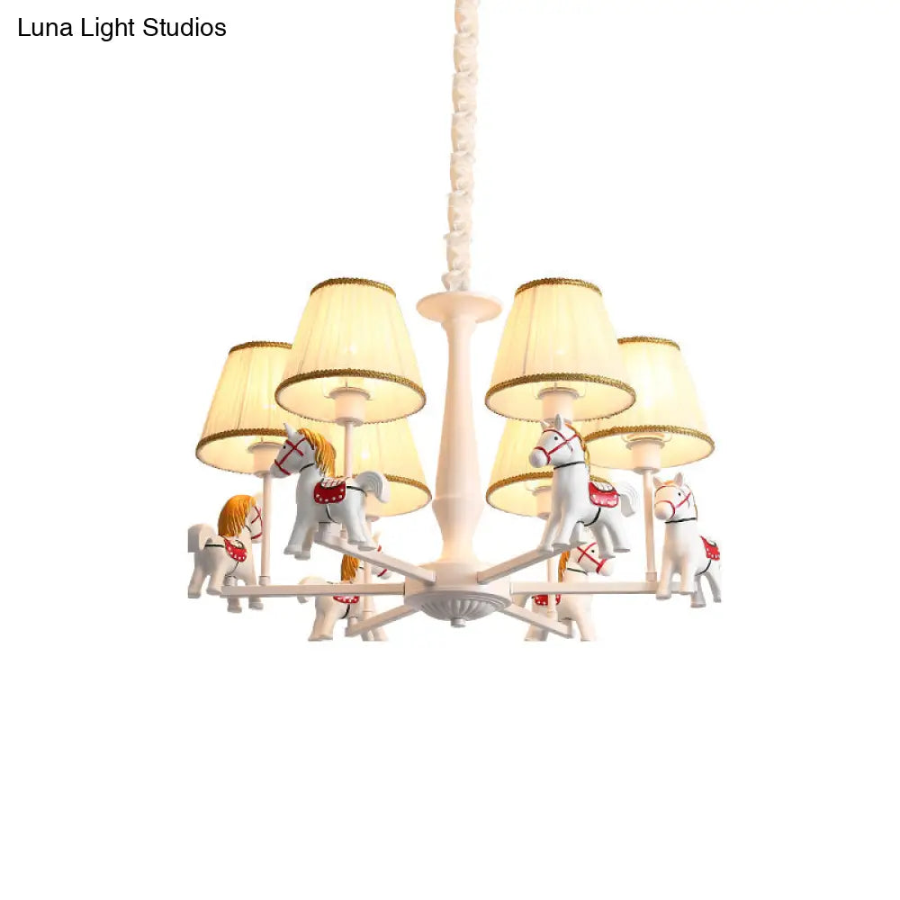 Kids White Horse Chandelier Lamp - Resin Ceiling Pendant Light With Fabric Shade