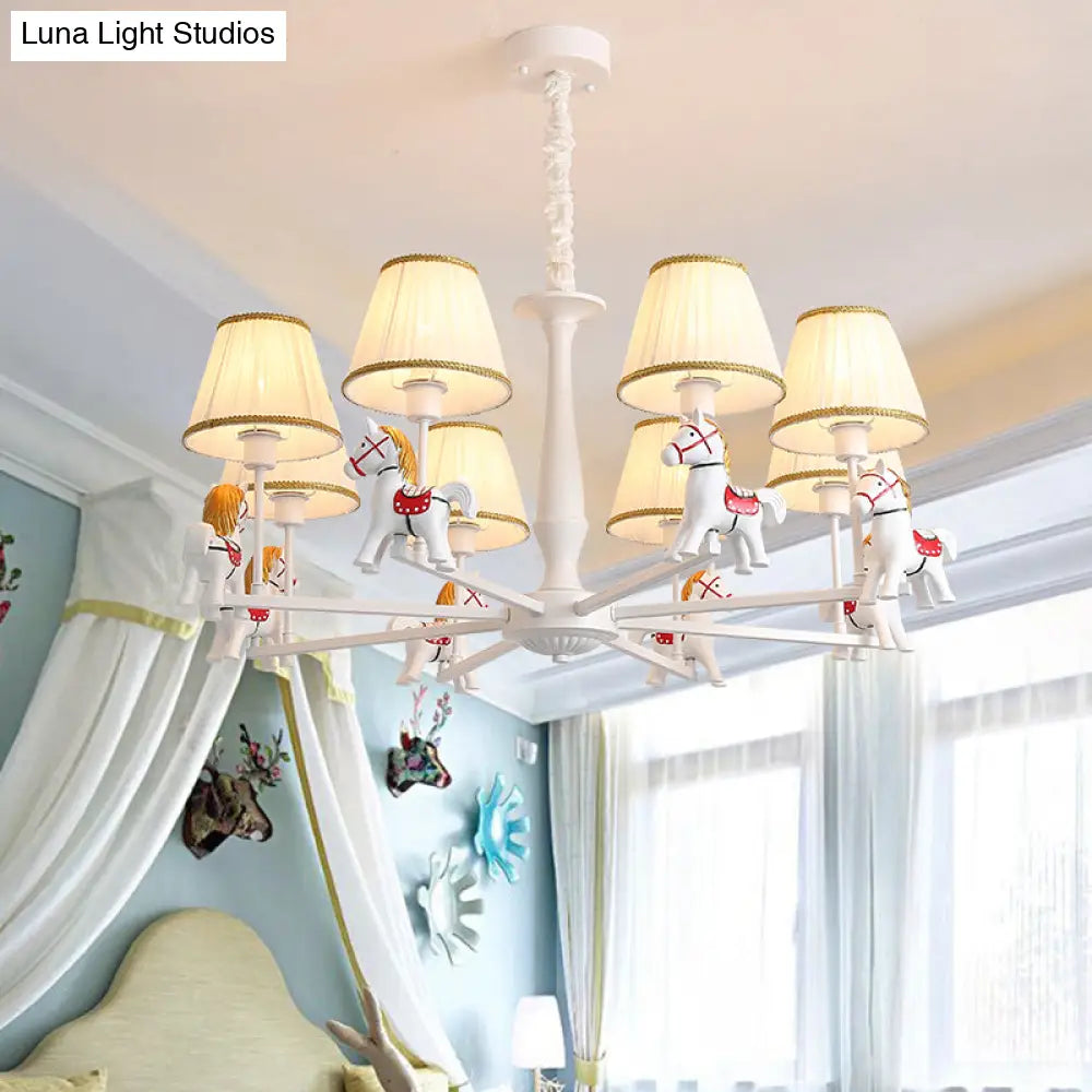 Kids White Horse Chandelier Lamp - Resin Ceiling Pendant Light With Fabric Shade