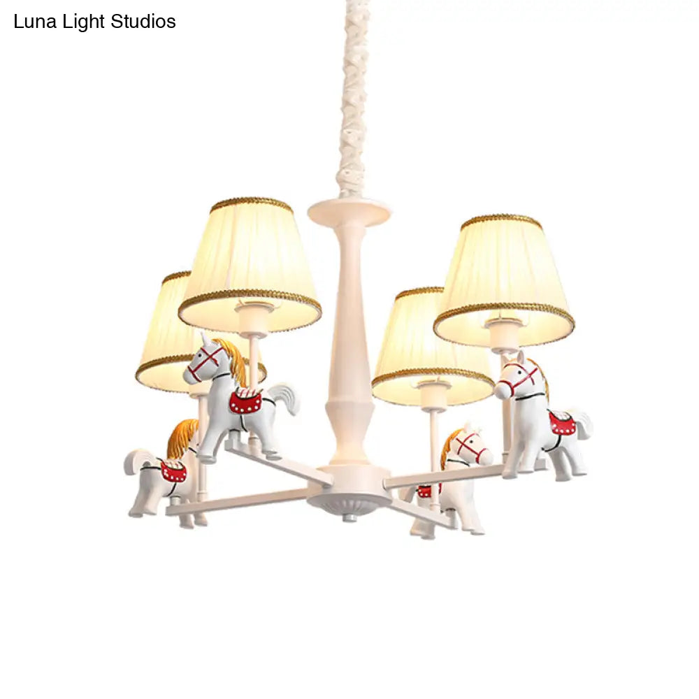 Kids White Horse Chandelier Lamp - Resin Ceiling Pendant Light With Fabric Shade