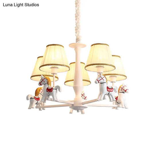 Kids White Horse Chandelier Lamp - Resin Ceiling Pendant Light With Fabric Shade