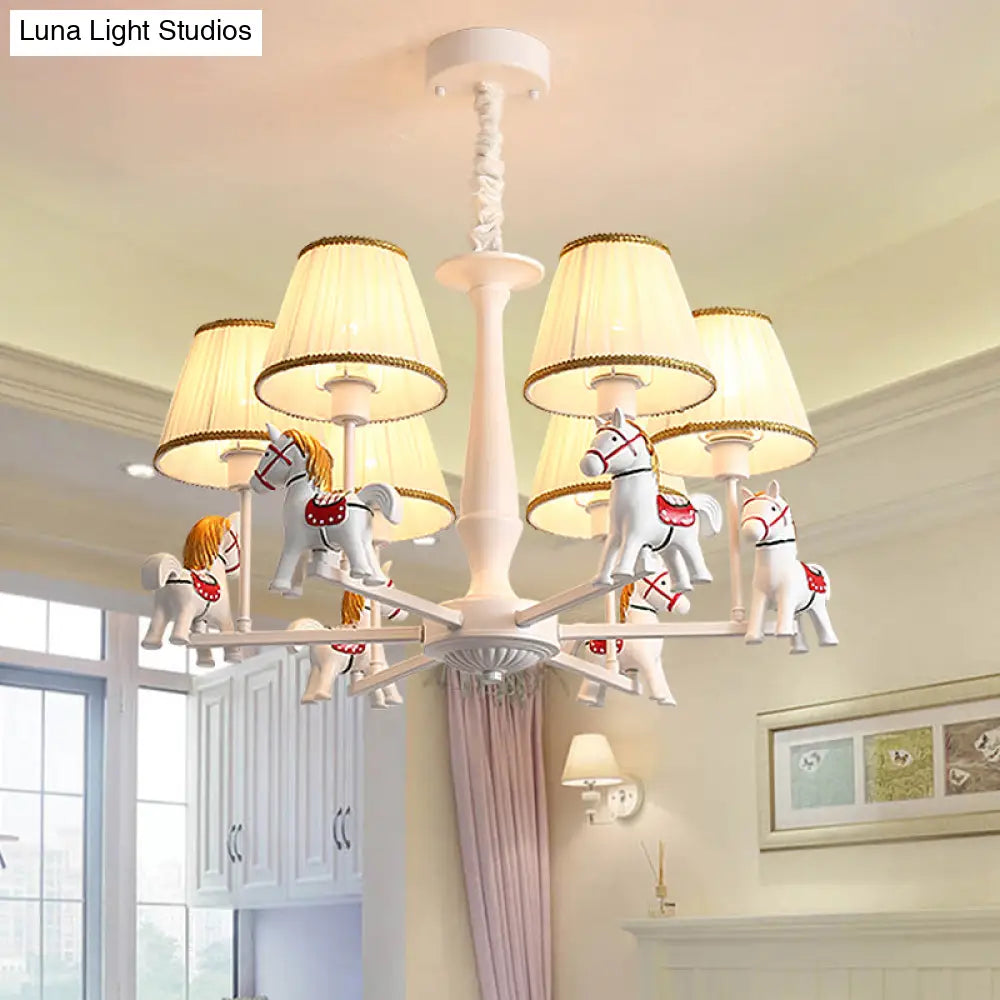 Kids White Horse Chandelier Lamp - Resin Ceiling Pendant Light With Fabric Shade