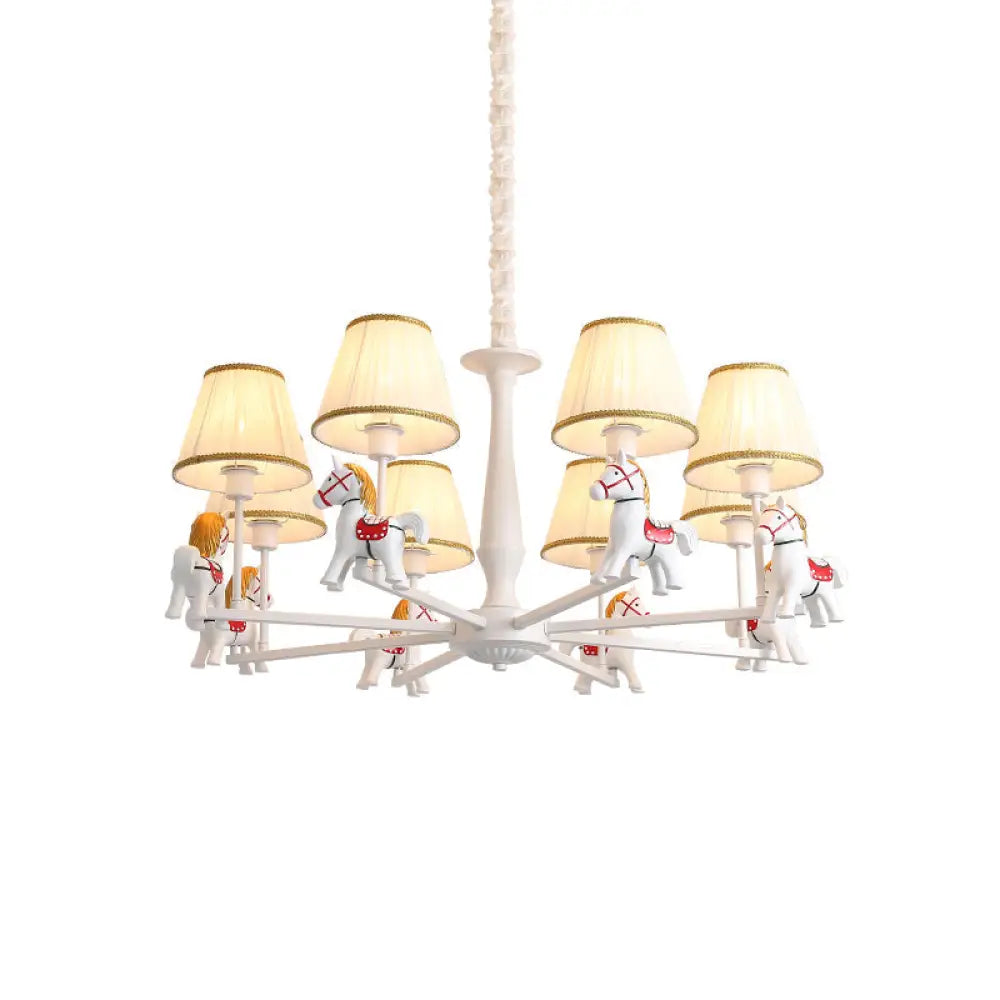 Kids White Horse Chandelier Lamp - Resin Ceiling Pendant Light With Fabric Shade 8 /