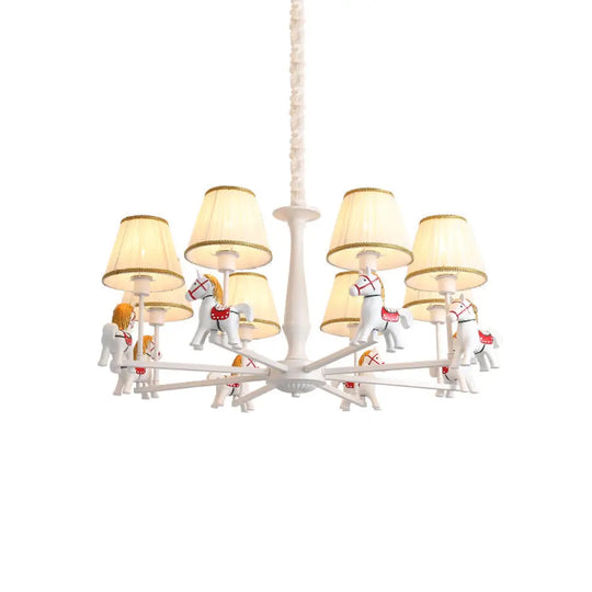 Kids White Horse Chandelier Lamp - Resin Ceiling Pendant Light With Fabric Shade 8 /