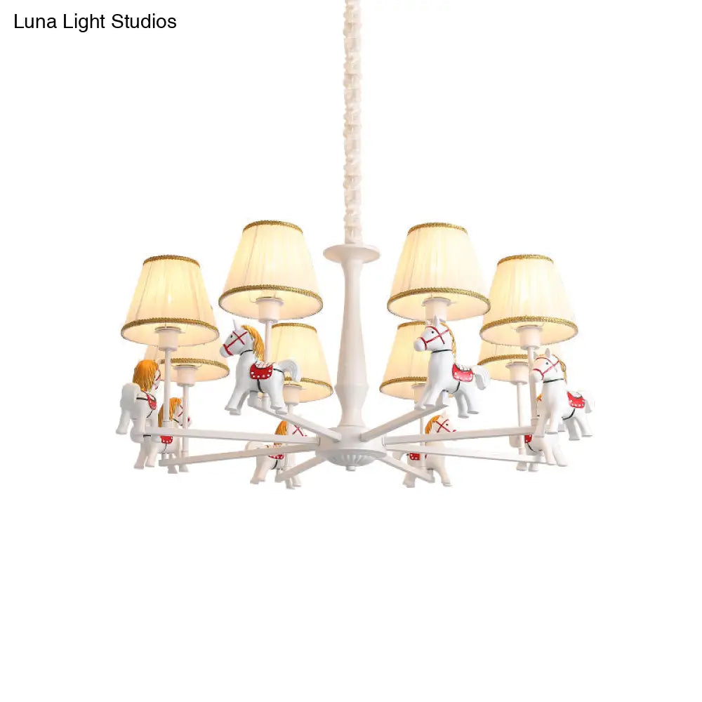 Kids White Horse Chandelier Lamp - Resin Ceiling Pendant Light With Fabric Shade