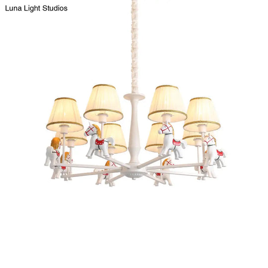 Kids White Horse Chandelier Lamp - Resin Ceiling Pendant Light With Fabric Shade