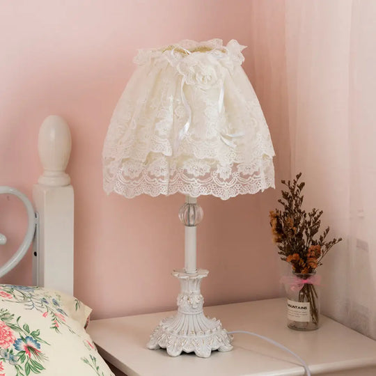 Kids White Night Light: Elegant Lace Shade Nursery Table Lighting With Double Layer