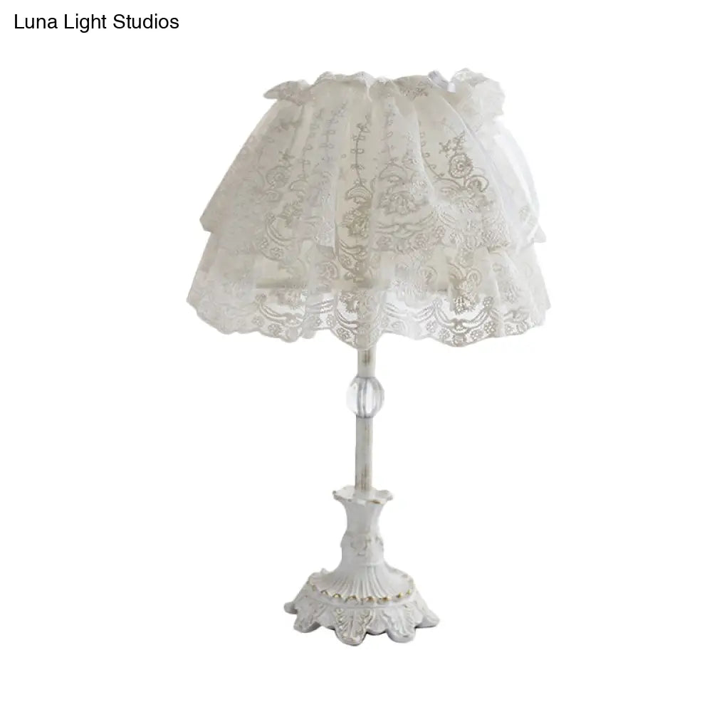 Kids White Night Light: Elegant Lace Shade Nursery Table Lighting With Double Layer