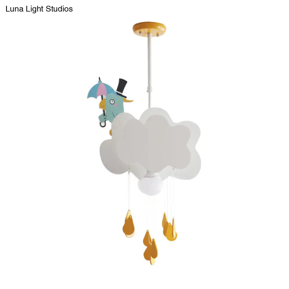 Kids White Pendant Light With Cloud And Birds Wood Shade - Bedroom Ceiling Hanging