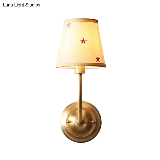 Kids White Wall Light Kit With Conical Star Patterned Fabric Sconce Brass Curvy Arm & 1 Bulb