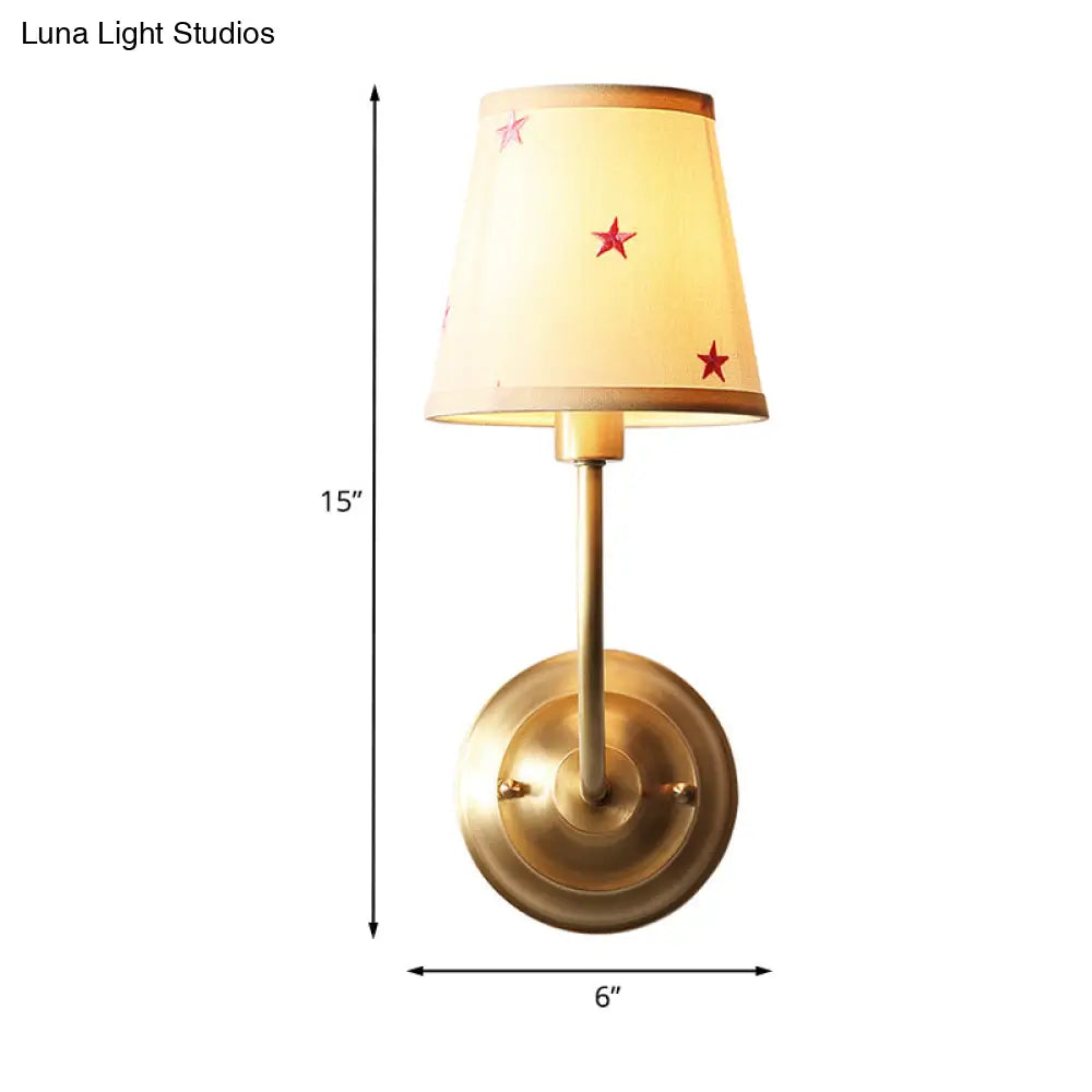 Kids White Wall Light Kit With Conical Star Patterned Fabric Sconce Brass Curvy Arm & 1 Bulb