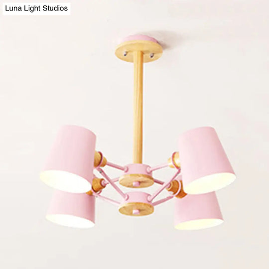 Kids Wood Chandelier: Macaron Style Hanging Fixture For Bedroom With Rod And Tapered Shade