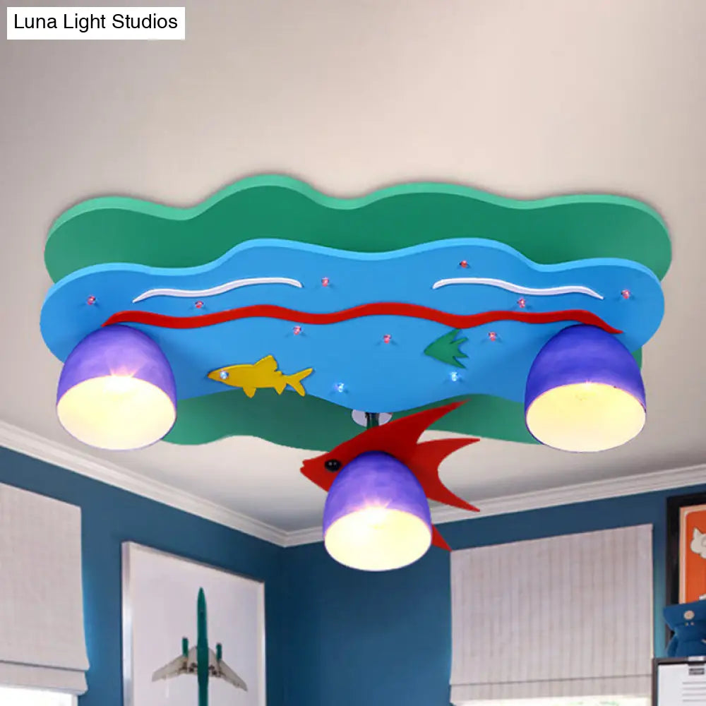 Kids Wood Multi-Color Ceiling Mount Light With Fish - 3 Sea Fixture For Living Room Aqua